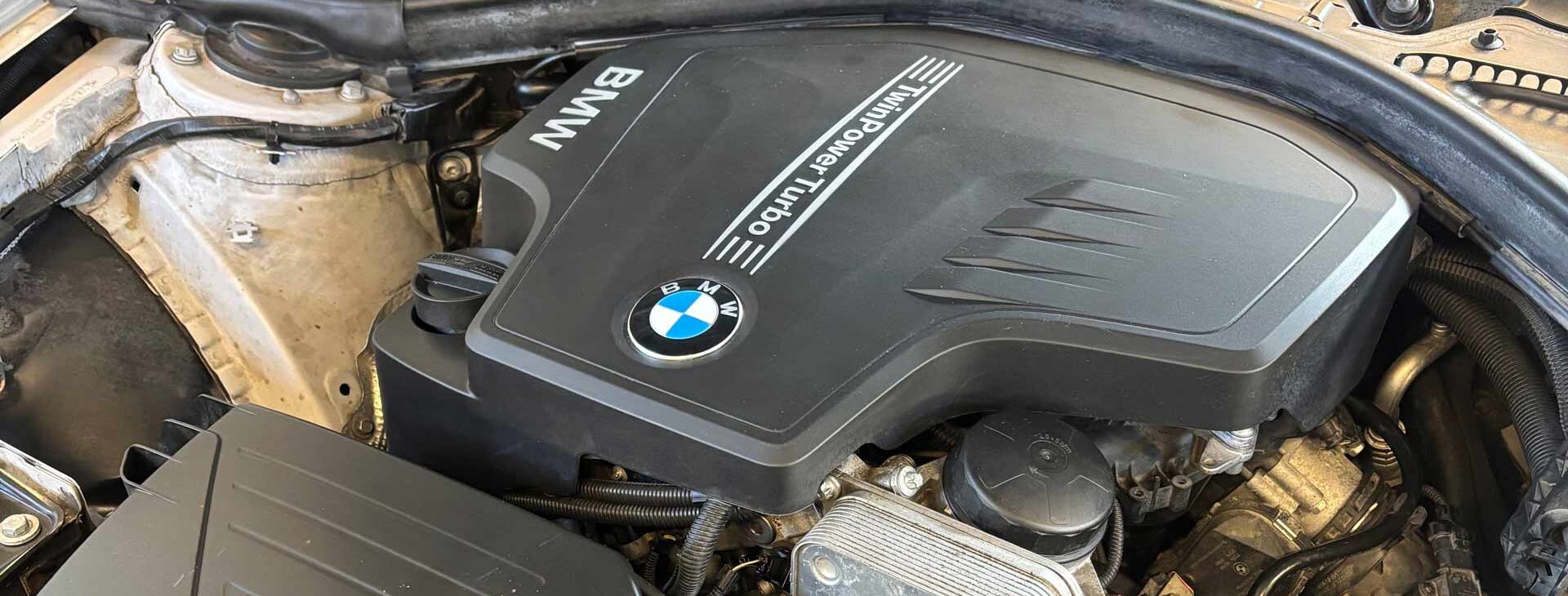 Ein BMW-Motorraum mit sichtbarem Motor, schwarz und gut gepflegt.